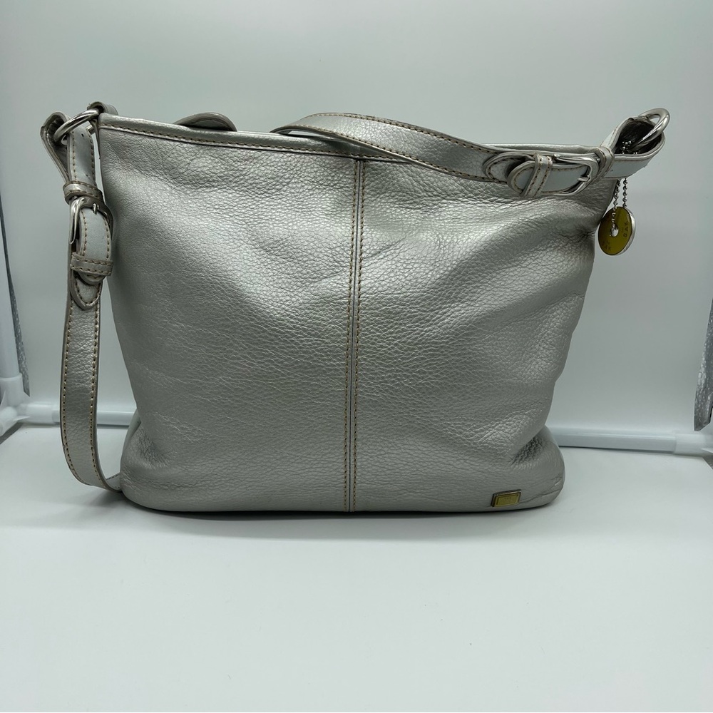 The Sak Leather Shoulder Hand Bag Purse Silver Grey EUC